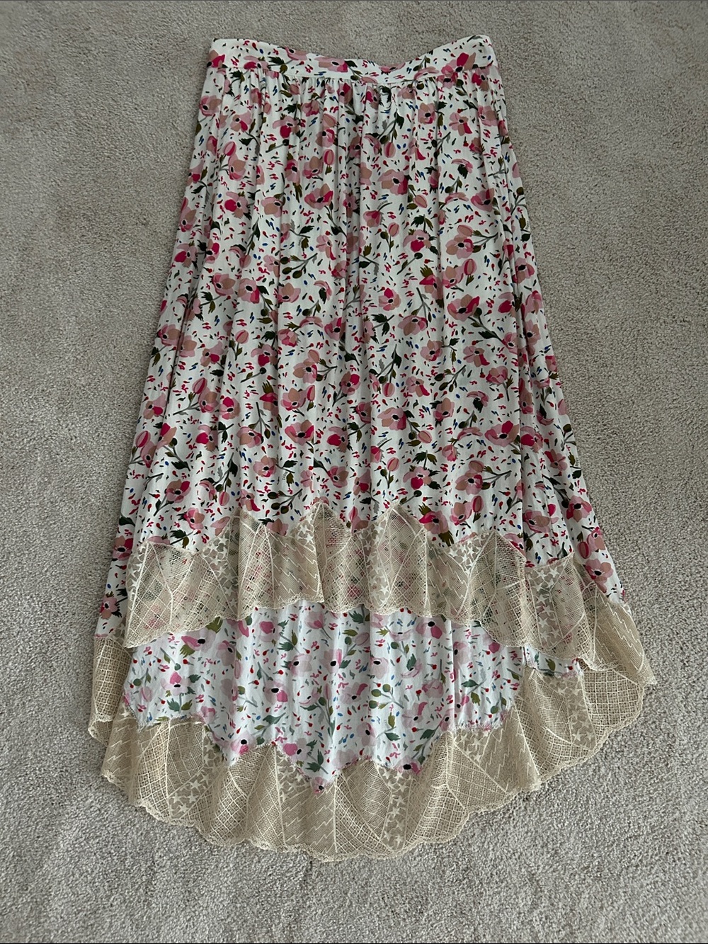 Zadig & Voltaire Pink Floral High-Low Skirt with Cream Lace